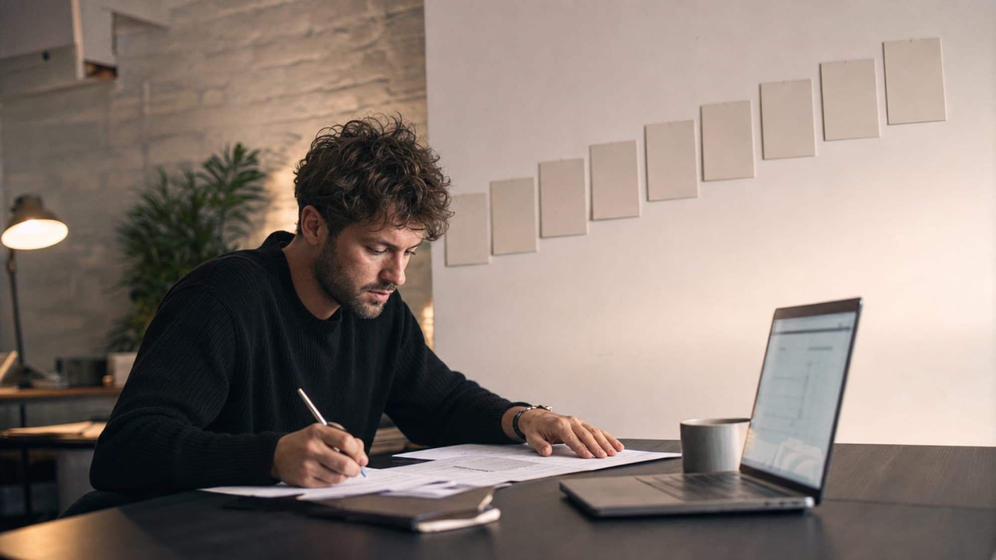 A man studies at a clean desk, a row of cards stepping upward on the wall behind him