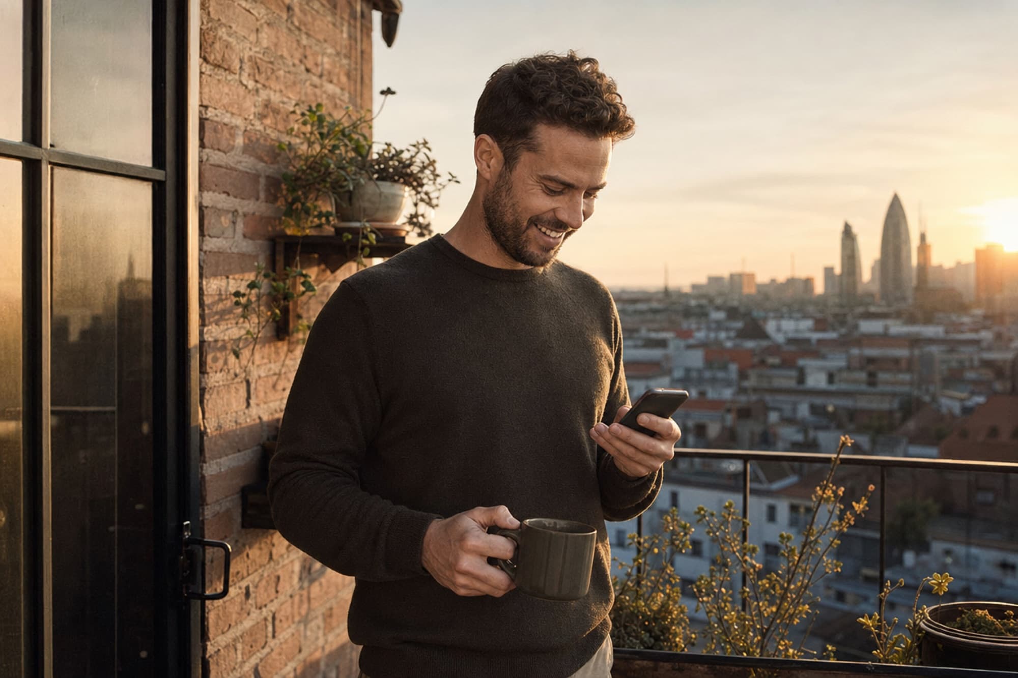 A man on his balcony at sunrise, smiling at his phone over coffee
