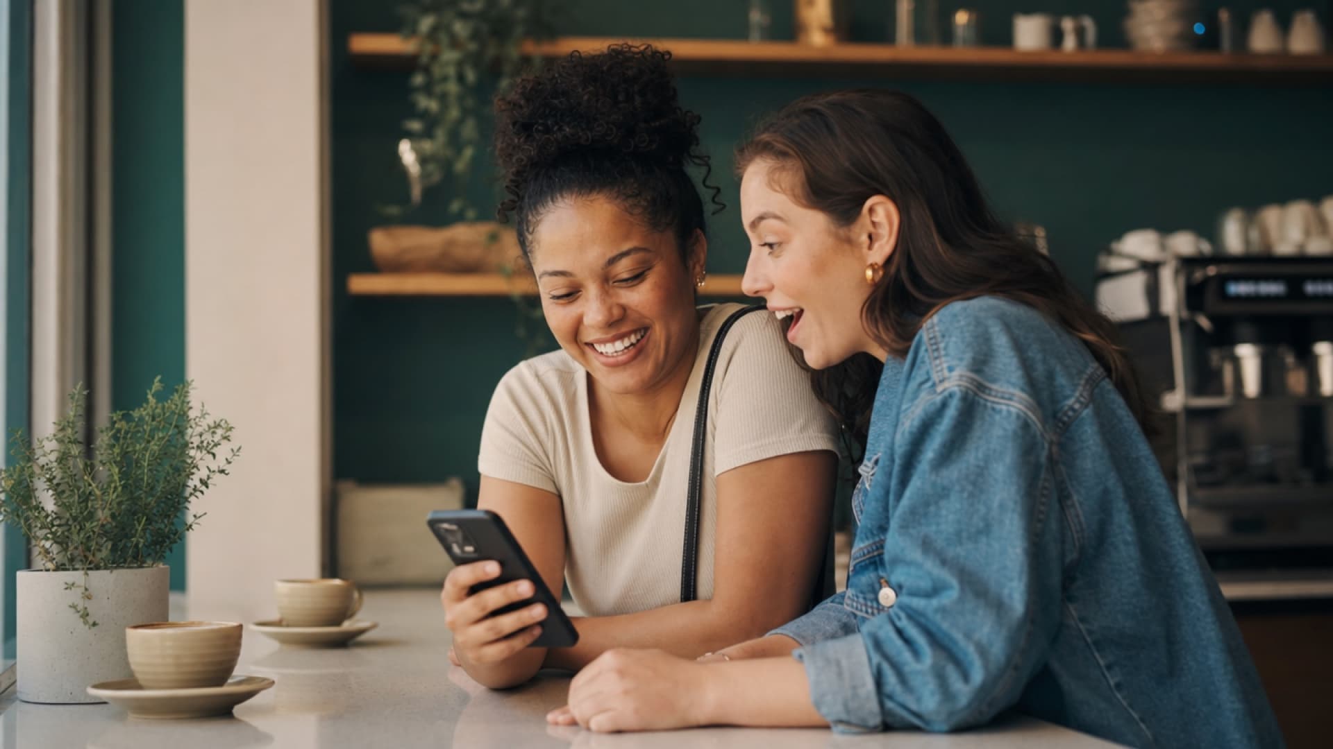 Two people at a cafe counter sharing an idea on a phone
